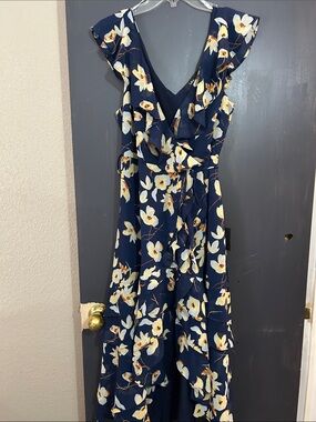 Lulu's Navy Floral Ruffle Wrap High-Low Dress